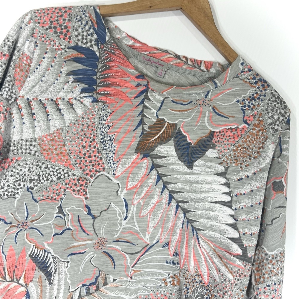 Fresh Produce Floral Print Cotton Top Women Size M Gray Pink Blue Made In USA